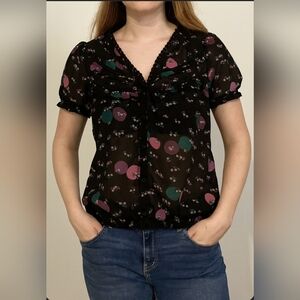 Kimchi Blue Black Abstract Print Sheer Button Blouse Small